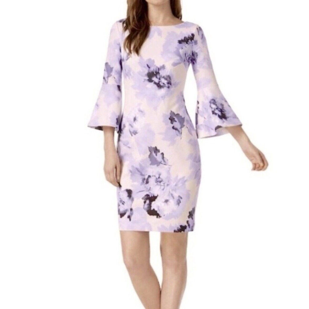 Calvin Klein Purple Pink Floral Bell Sleeve Crepe Sheath Dress‎ Size 6